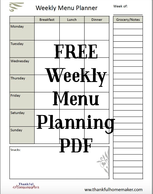 FREE Weekly Menu Planning PDF - Thankful Homemaker