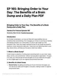 Free PDF walking through the process of a brain dump and a daily plan for Christian Homemakers