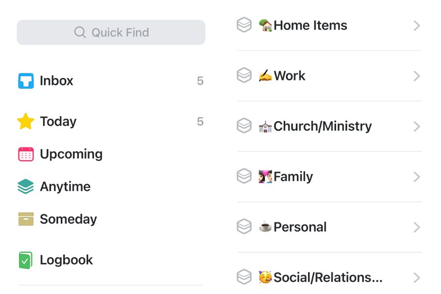 Set Up Categories in Things 3: Divide your tasks into broad areas of responsibility, such as Home, Personal, Family, Church/Ministry, Work, Blog, and Current Projects.