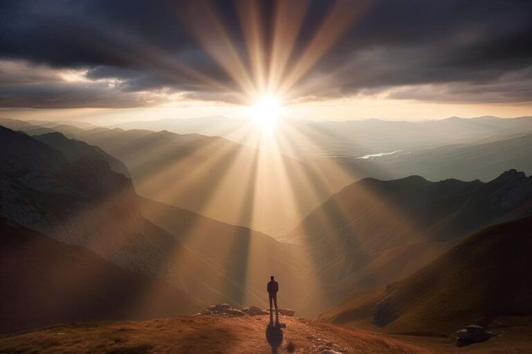 A person stands on a mountaintop at sunrise, gazing toward radiant beams of light breaking through the clouds—symbolizing a heart set on things above and living with an eternal perspective.