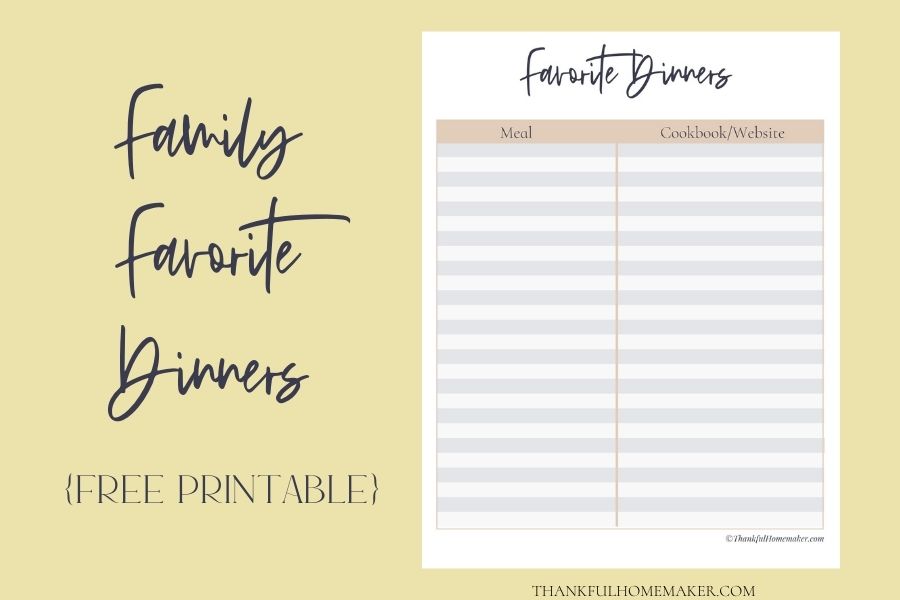 Family Favorite Dinners Free Printable